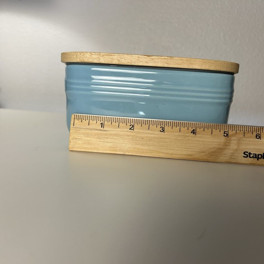 Large DOWAN Ceramic Butter Dish Wood Lid Turquoise 6.5" x 3.5" Classic Simple - Picture 8 of 11